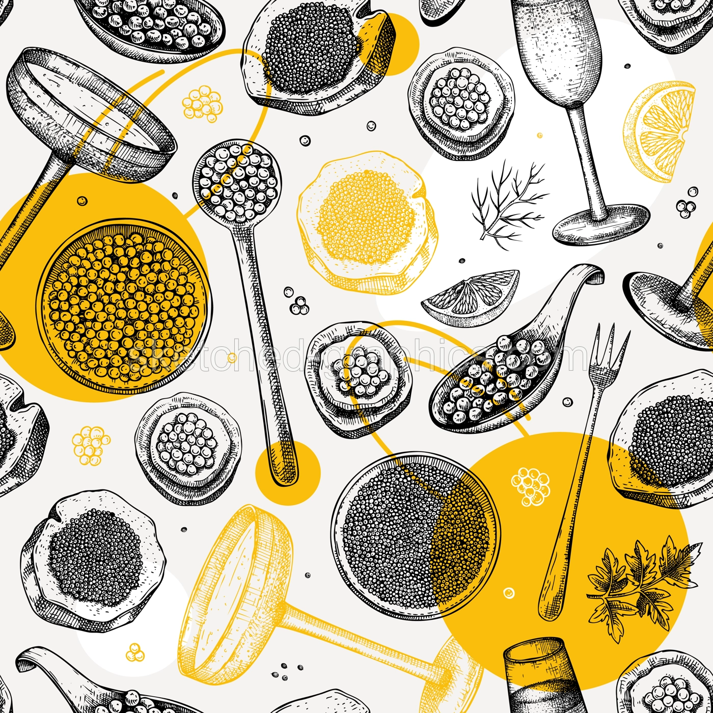 Caviar and champagne hand drawn illustrations collection. Hand drawn red caviar canape, canned black caviar, sparkling wine bottle, glasses sketches set. Seafood drawings isolated on white background Illustration